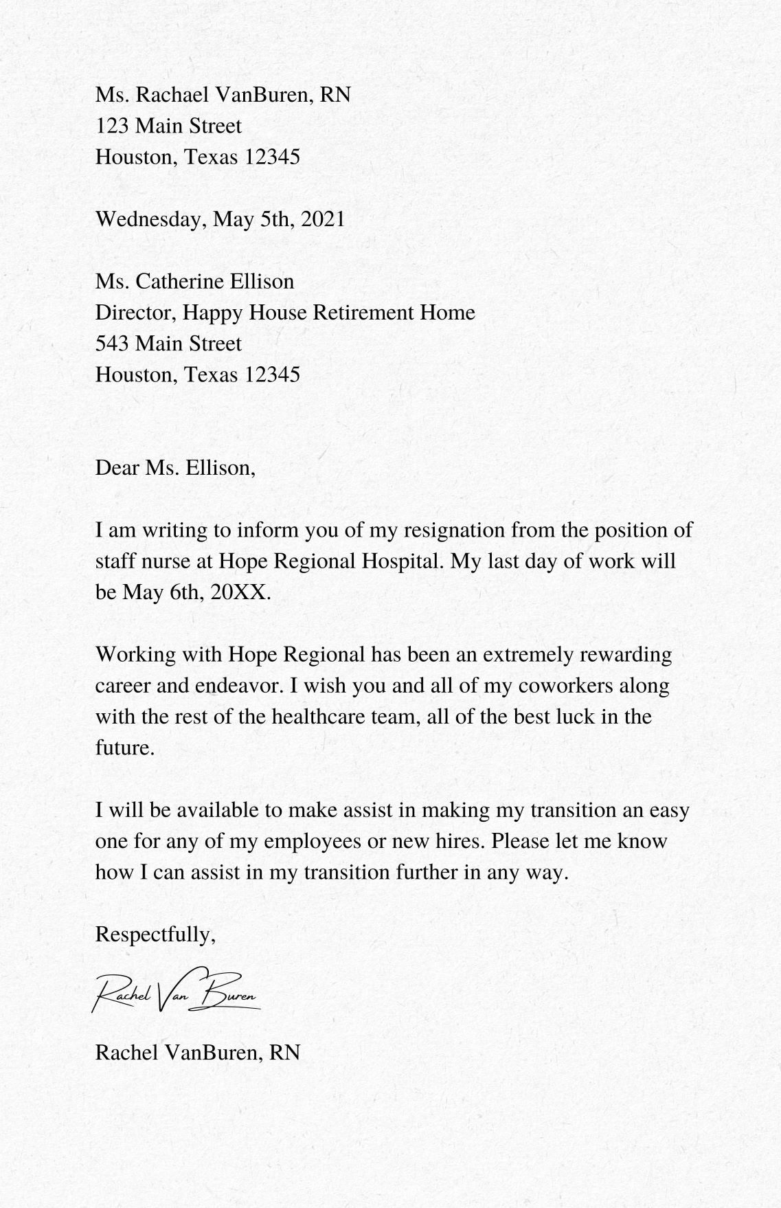 rn resignation letter example 1